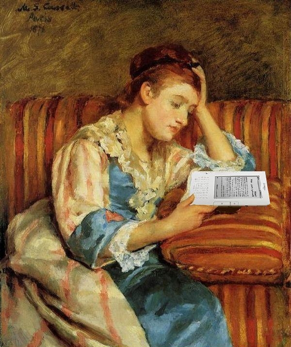 Mrs. Duffee Seated on a Striped Sofa, Reading Her Kindle, After Mary Cassatt - Ph- Mike Licht | CCBY2.0