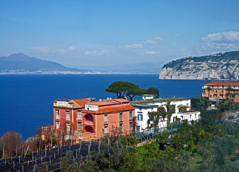 Villa Lorelei-Garzilli lato strada, con gli agrumeti prospicienti e il mare del Golfo di Napoli sullo sfondo