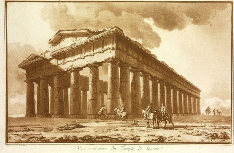 Jean-Pierre Houel - Vue exterieure du temple de Segeste, 1782 - Acquaforte - Houel, nel XVIII sec., fu uno dei primi stranieri a visitare e a ritrarre il tempio di Segesta