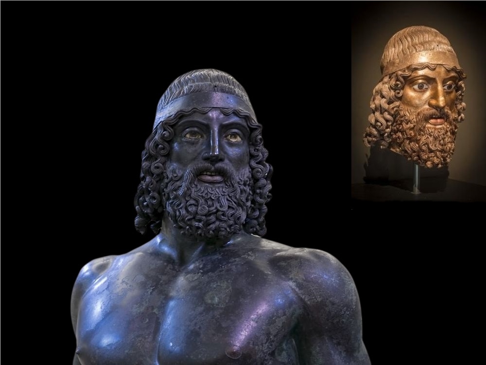  Il bronzo A originale della celebre coppia dei Bronzi di Riace custoditi presso il Museo Archeologico Nazionale di Reggio Calabria. A destra, nel riquadro, la testa del bronzo "clonata" da Vinzenz Brinkmann