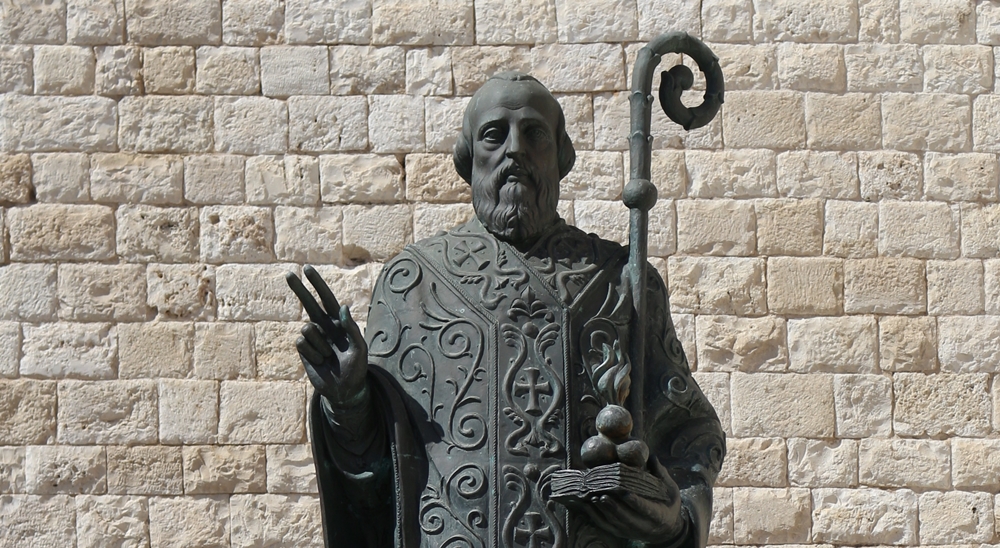 Detail of the bronze statue of St. Nicholas, XXIst century, churchyard of the St. Nicholas Basilica, Bari