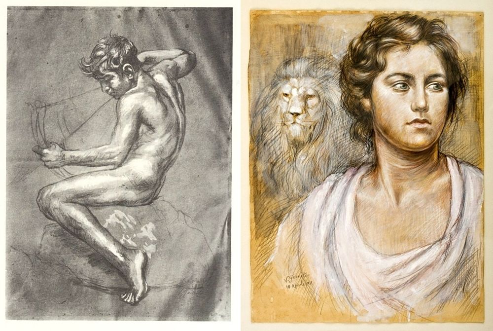 Vincenzo Gemito: da sin. Studio per giovanetto con arco e Ritratto di giovane donna con leone, Coll. Minozzi, 1905 e 1911