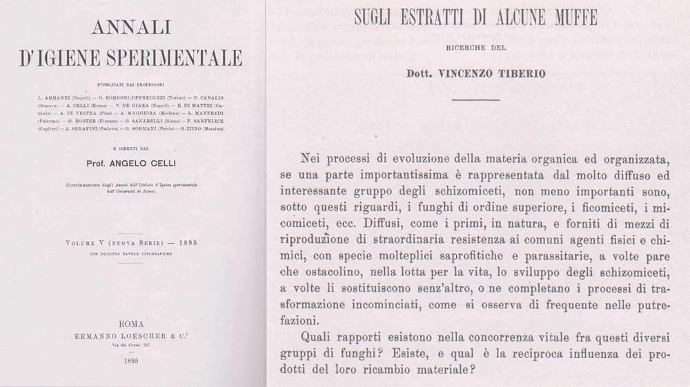 Annali di Igiene Sperimentale, Roma, Ermanno Loescher editore, 1895. A dx. l'incipit del saggio di Vincenzo Tiberio, "Sugli estratti di alcune muffe"