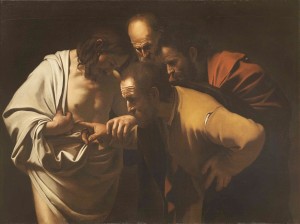 Pittore del Seicento, Incredulità di S. Tommaso, copia da Caravaggio, Uffizi, Firenze