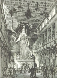 Ricostruzione dell'interno di un tempio di Athena, incisione, XIX sec. - Ph. British Library | Public domain