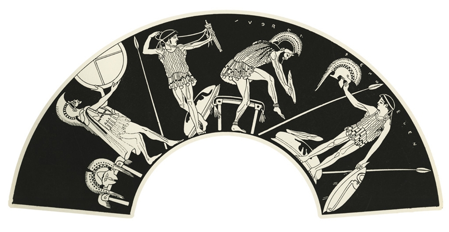 Due uomini e due ragazzi greci si preparano per la battaglia: disegno da un vaso attico a figure rosse (kylix) - Ph. MCAD Library | CCBY2.0
