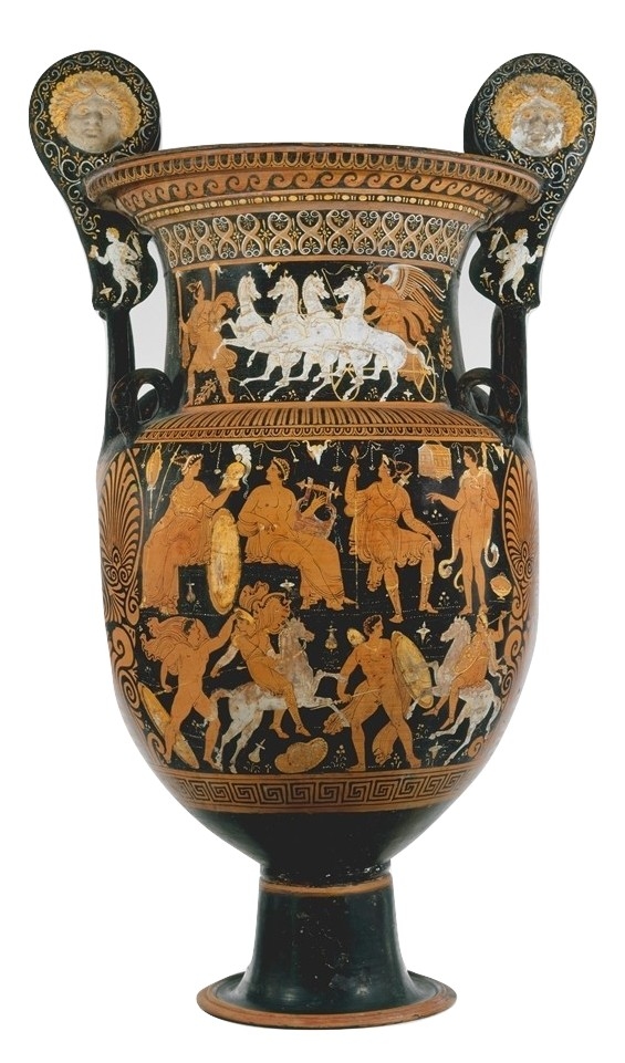 Vaso apulo a figure rosse del IV sec. a.C, con scena di assemblea degli dei e Amazzonomachia (sul lato opposto, donne e giovani in un tempio; sul collo, donna con torce precede una Nike su quadriga) proveniente da Polignano a Mare (Bari), Metropolitan Museum, New York - Ph. courtesy Katy Hollbach