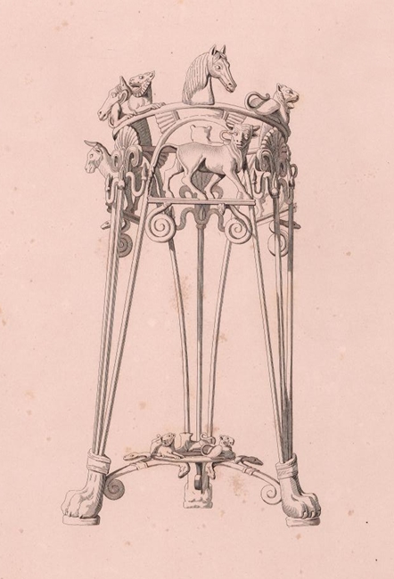 Il tripode in bronzo in una incisione del 1834 tratta dal volume di Panofka sulla collezione Pourtalès-Gorgier | Planche XIII