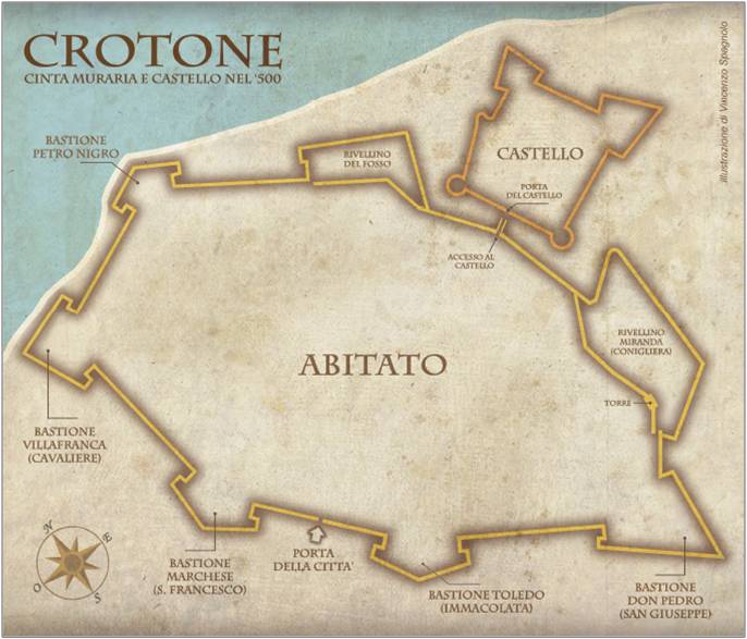 Fig. 10 | Cinta muraria e castello di Crotone nel '500 - Elaborazione di Vincenzo Spagnolo