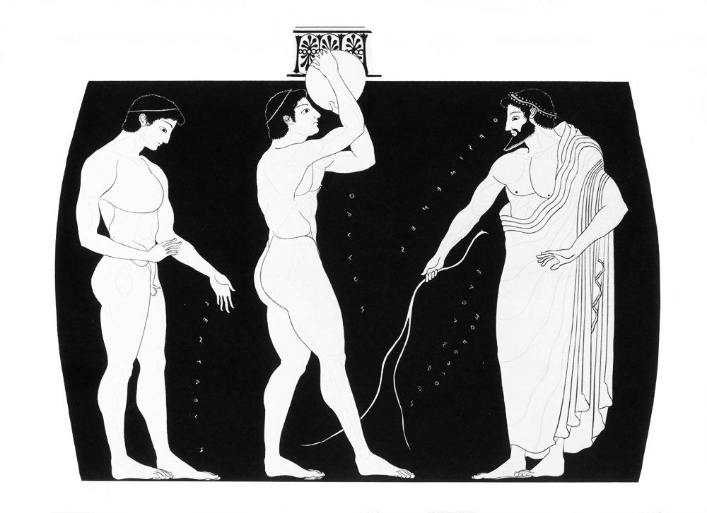 L'atleta Faillo (al centro) ritratto sull'anfora di Euthymides (lato B), VI sec. a.C.