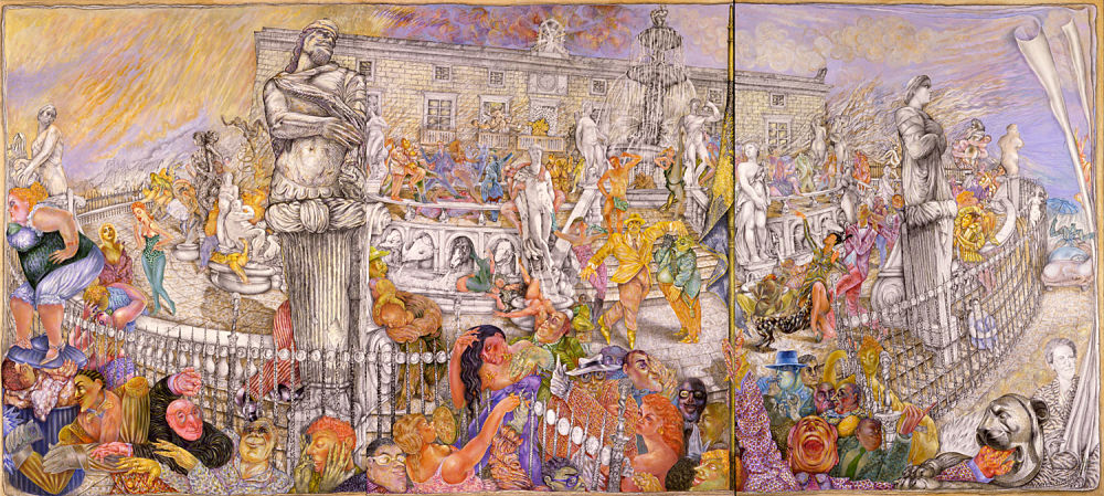 Momò Calascibetta, Piazza della Vergogna, acrilico e matita. Una delle opere in mostra a Palermo