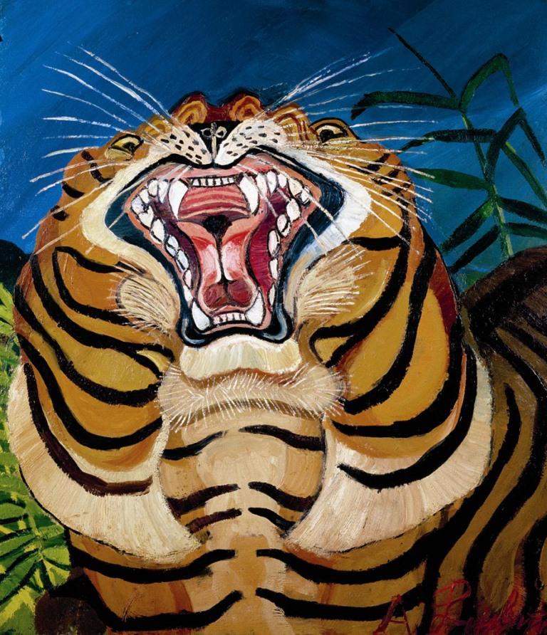 Antonio Ligabue, Testa di tigre, s.d. (1955-1956), Olio su tavola di faesite, 75 x 64 cm, Gustalla (Reggio Emilia), collezione privata