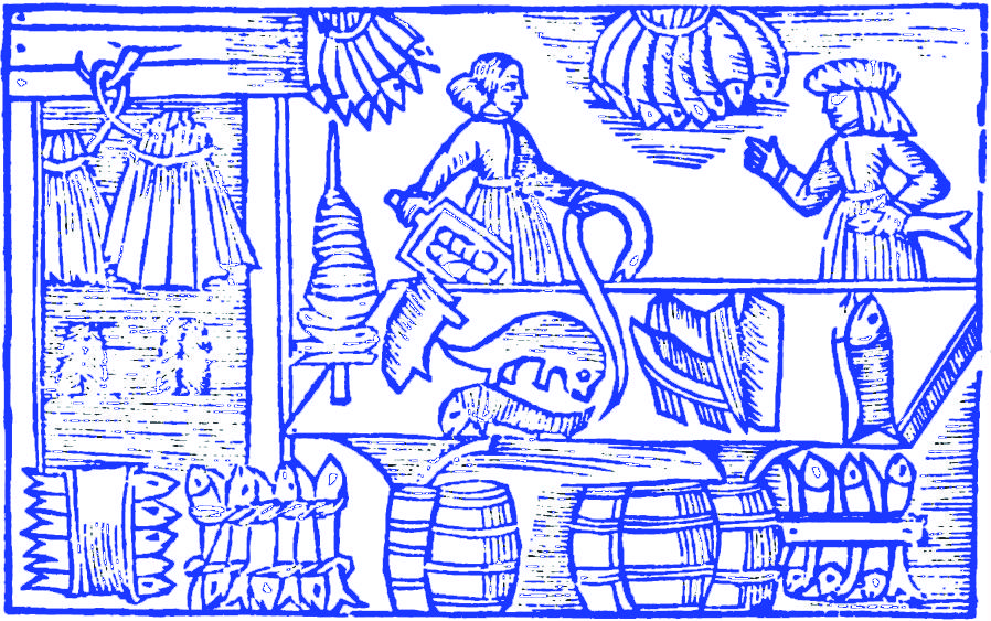 Lavorazione del pesce in un'antica xilografia