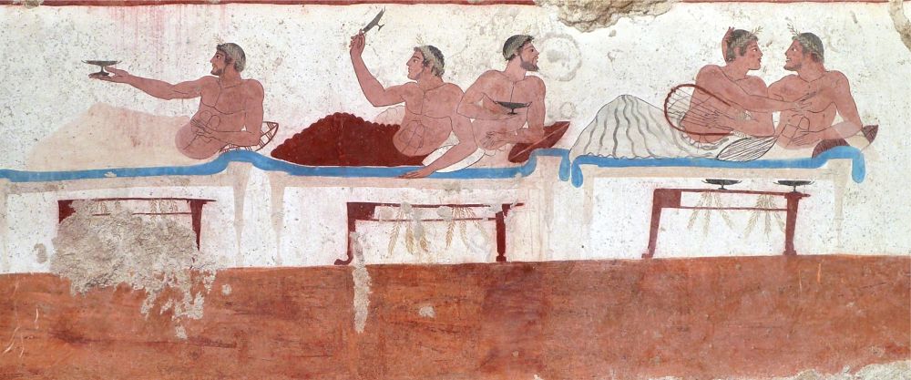 Affresco con scena di simposio da una delle lastre che compongono la Tomba del Tuffatore, Paestum, Museo Archeologico Nazionale