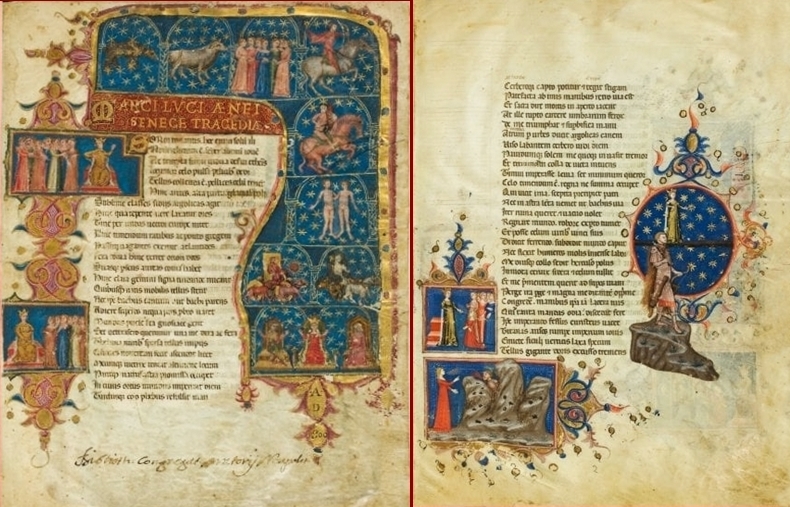 Due pagine del manoscritto trecentesco con le tragedie di Seneca, Biblioteca dei Girolamini, Napoli