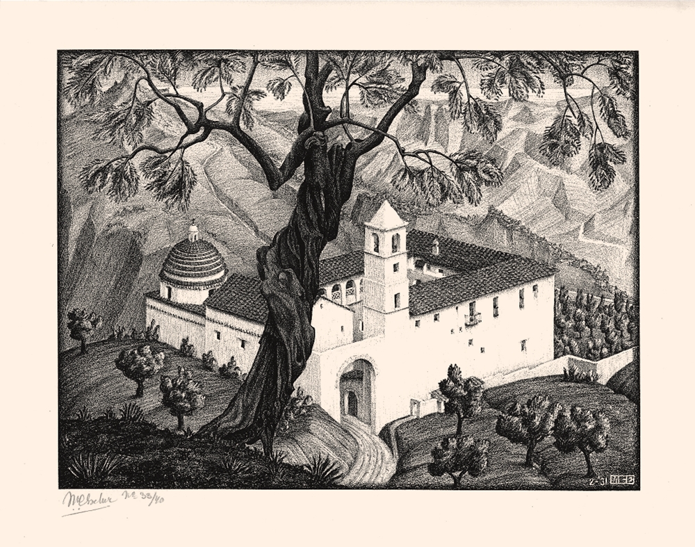 M.C. Escher, (Chiostro vicino a) Rocca Imperiale, Calabria, 1931, Litografia, 23,1 x 30,7 cm - Collezione Privata Italia