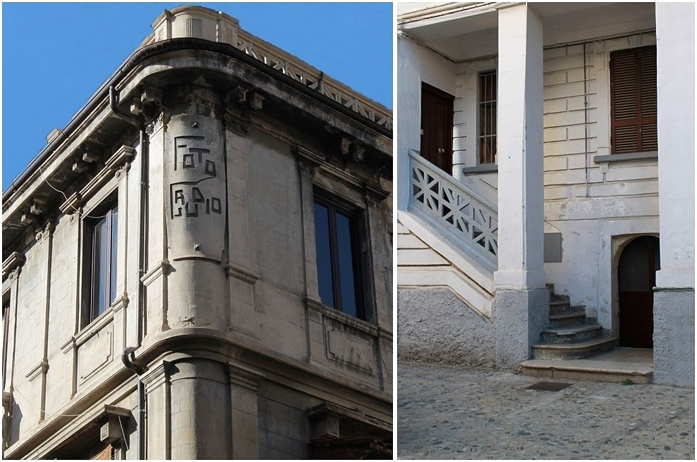 L'insegna della Stabilimento Fotografico Gaudio (a sin.), su C.so Telesio, e l'ingresso del palazzo che lo ospitava sulla piazzetta S. Giovanni dei Gerosolimitani - Ph. © Gianni Termine