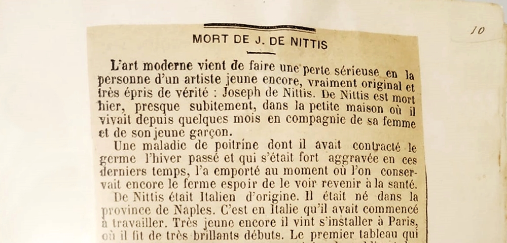 Ritaglio del quotidiano Le Matin Français, dell'agosto 1844, che annuncia la morte di De Nittis, in mostra a Barletta