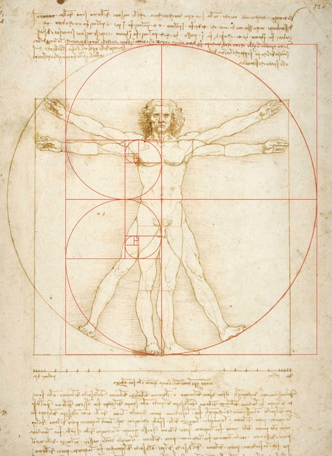 Uomo Vitruviano di Leonardo da Vinci e la spirale di Fibonacci