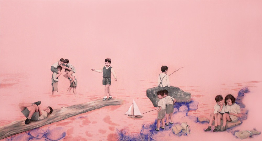 Salvo Rivolo, Perchè questa è l'ora oil and graphite on pink food paper, on wood cm 77x144, 2019