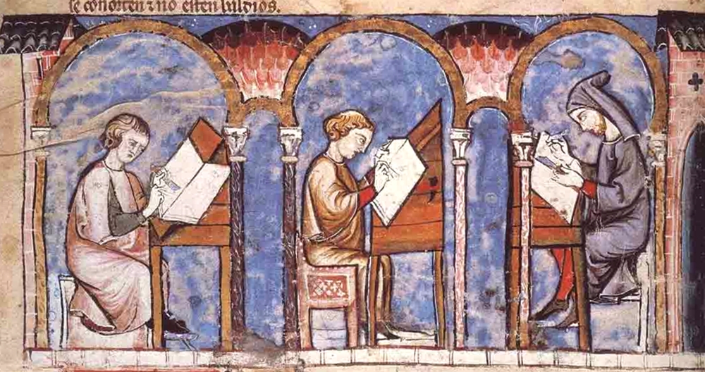 Scena di scriptorium tratta da un codice miniato medievale