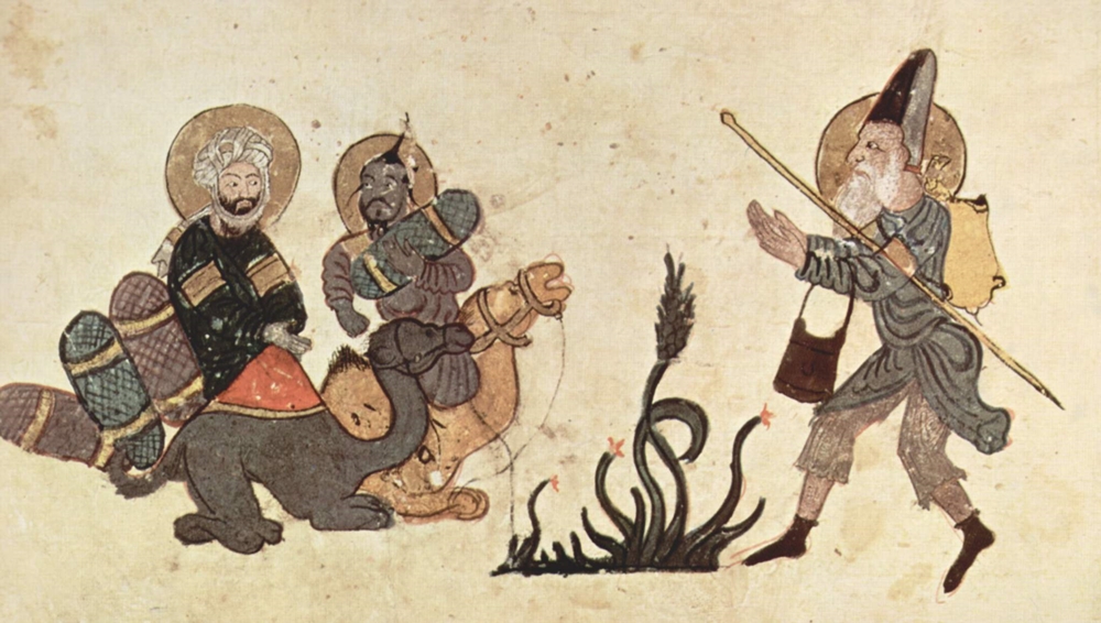 Un mercante arabo (il primo a sinistra) da una illustrazione del Maqamat di al-Hariri, di Yahya ibn Mahmud al-Wasiti, XIII sec.