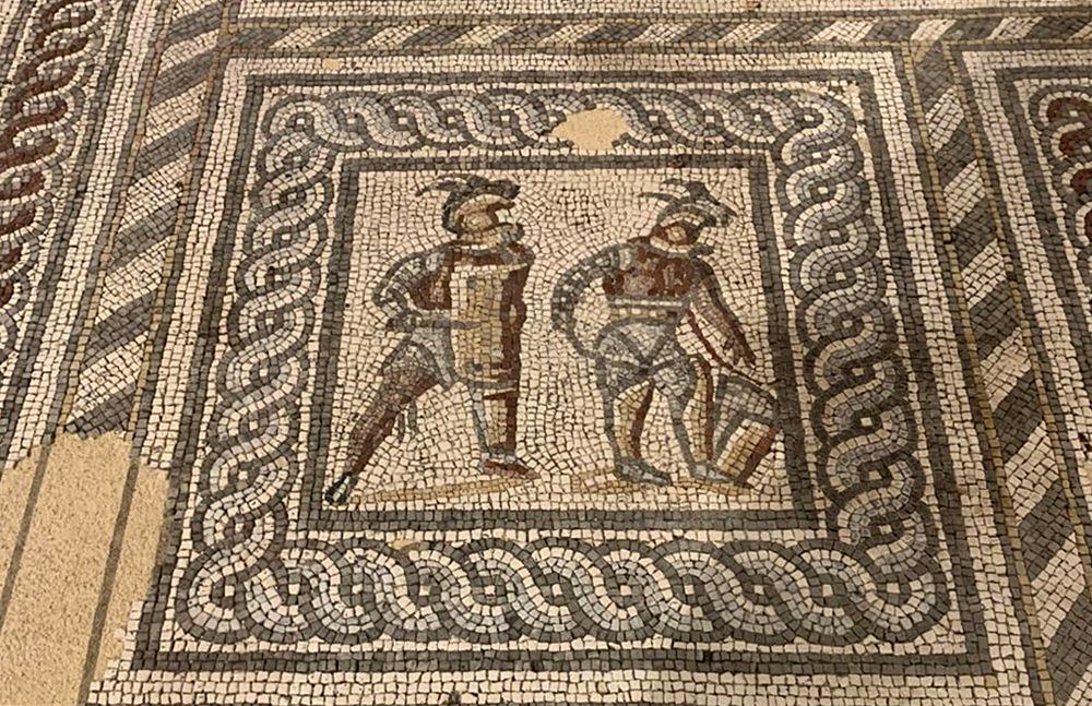 Particolare del pavimento con scena di gladiatori, dal sito di Augusta Raurica, Svizzera