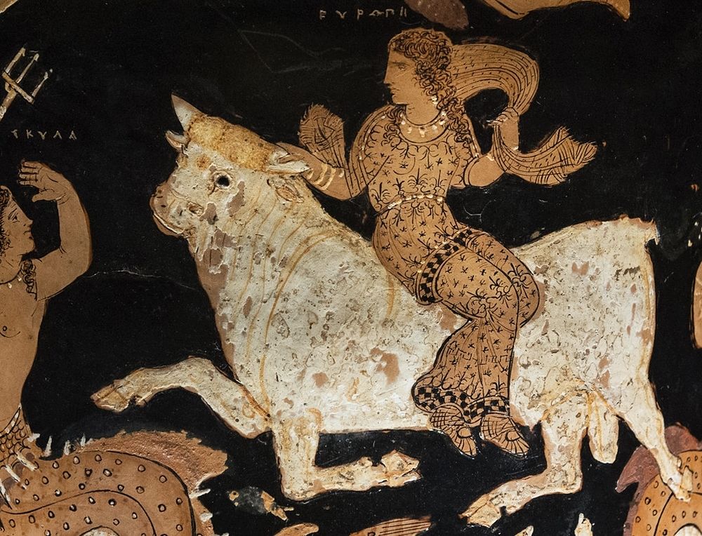 Part. del vaso di Assteas con il ratto di Europa (a sin. si intravede Scilla), IV° sec. a.C. – Museo Archeologico del Sannio Caudino, Montesarchio (Bn)