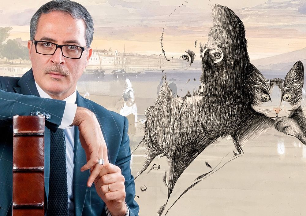 Lo studioso Raffaele Gaetano sullo sfondo di un autoritratto del pittore vittoriano Edward Lear