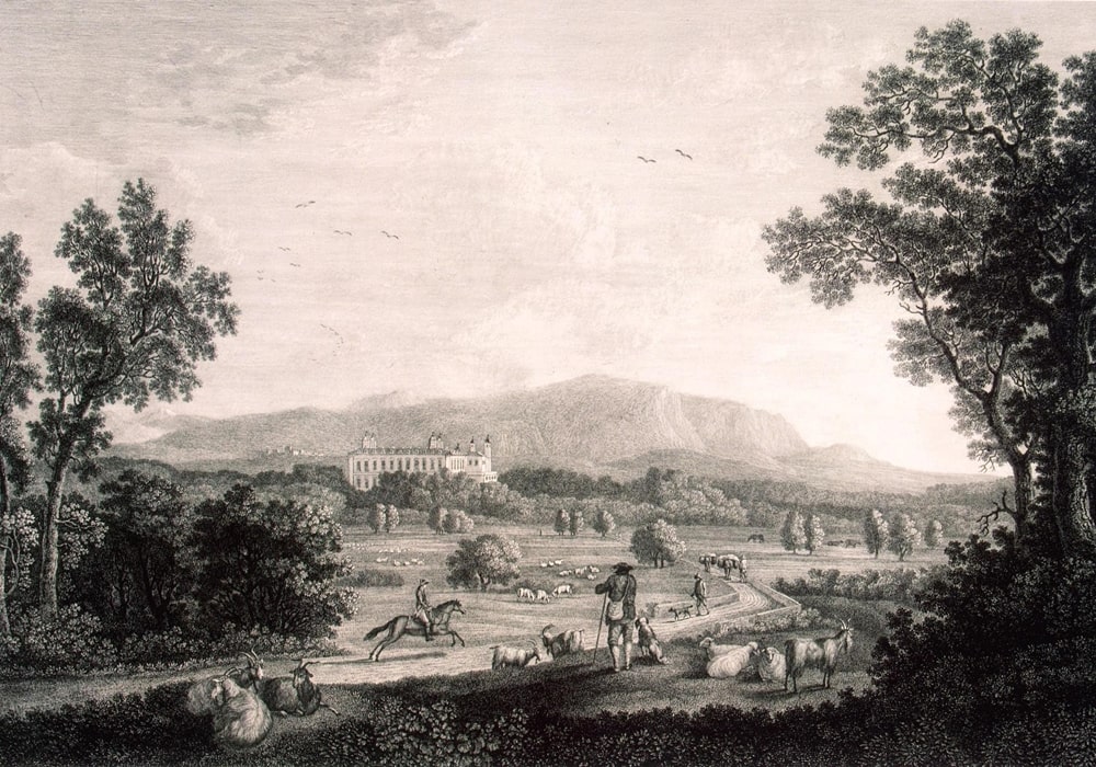 Vista della tenuta di Persano, in una incisione di Georg Abraham Hackert, ca. 1800