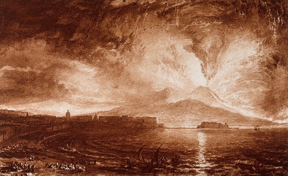 Vesuvio in eruzione, con spettatori sulla spiaggia a Napoli e skyline della città sullo sfondo, riedizione colorata di un'incisione tratta da un disegno di J. M. William Turner del 1819 - Wellcome Collection