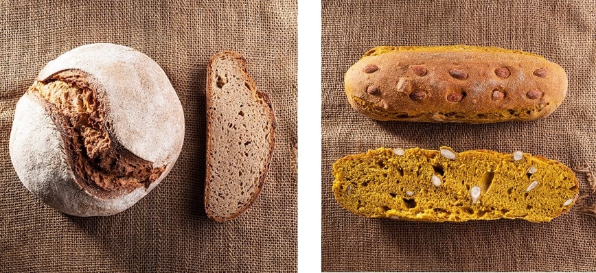 Pane Brunetto (grano duro Senatore Cappelli) e Pane sesamo e mandorle (grano tenero Verna)