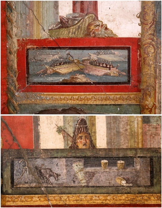 Part. di affreschi con navi da guerra e nature morte, dall'oecus della Casa dei Vettii, Pompei - Image from wikipedia
