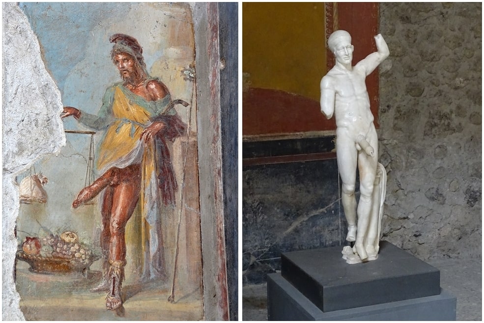 Il dio Priapo nell'affresco sullo stipite dell'ingresso e in versione scultorea, I sec. d.C. - 