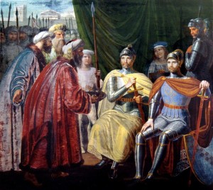 I normanni Ruggero I e suo fratello Roberto il Guiscardo ricevono le chiavi della città di Palermo dagli Arabi, affresco, 1830, Palazzo dei Normanni, Palermo