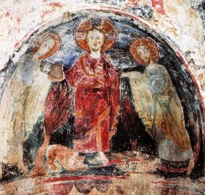 Part. di affresco con l'Arcangelo Michele e monaci in atto di devozione, Grotta di S. Michele, Olevano sul Tusciano (Salerno)